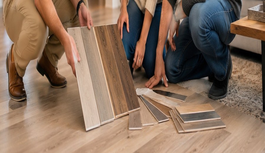 Laminate flooring samples and room